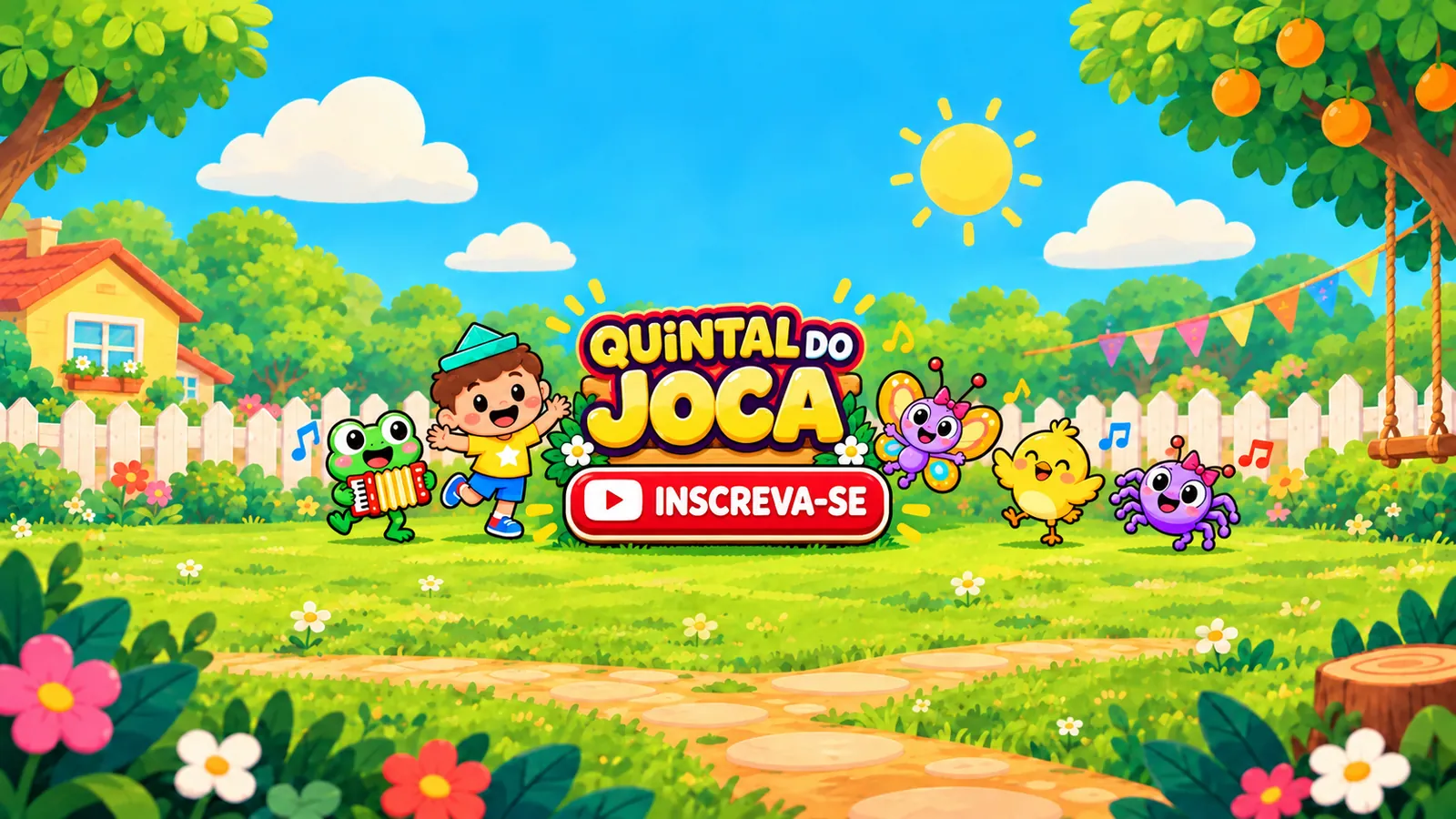 Joca e seus amigos, o sapo sanfoneiro, a borboleta, o pintinho e a aranha, dançando no quintal com o logo Quintal do Joca